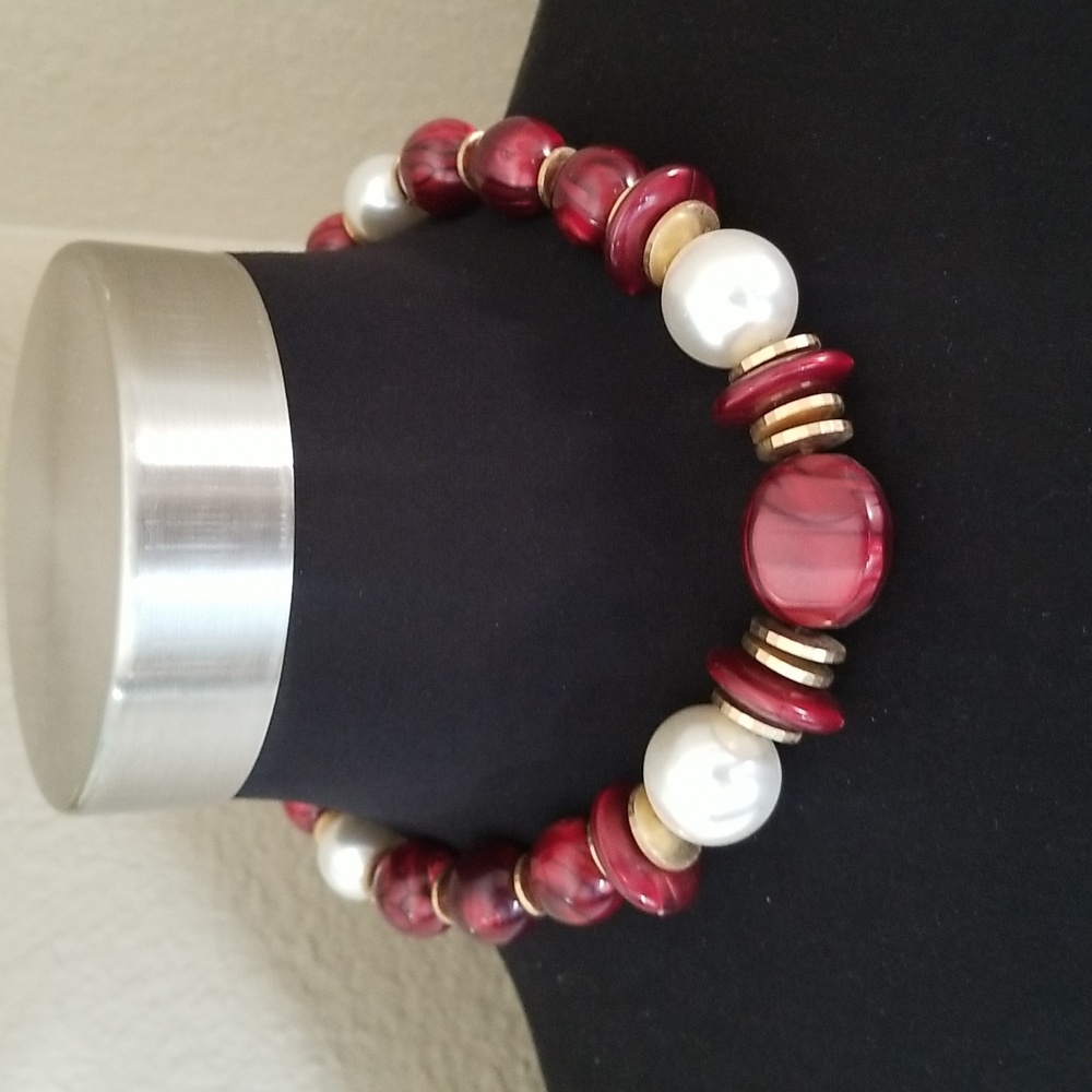 Gold Red Pearl Bead Statement Necklace